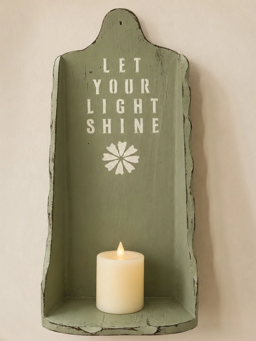Primitive Wooden Wall Candle Box Let Your Light Shine Sage Green Farmhouse Decor